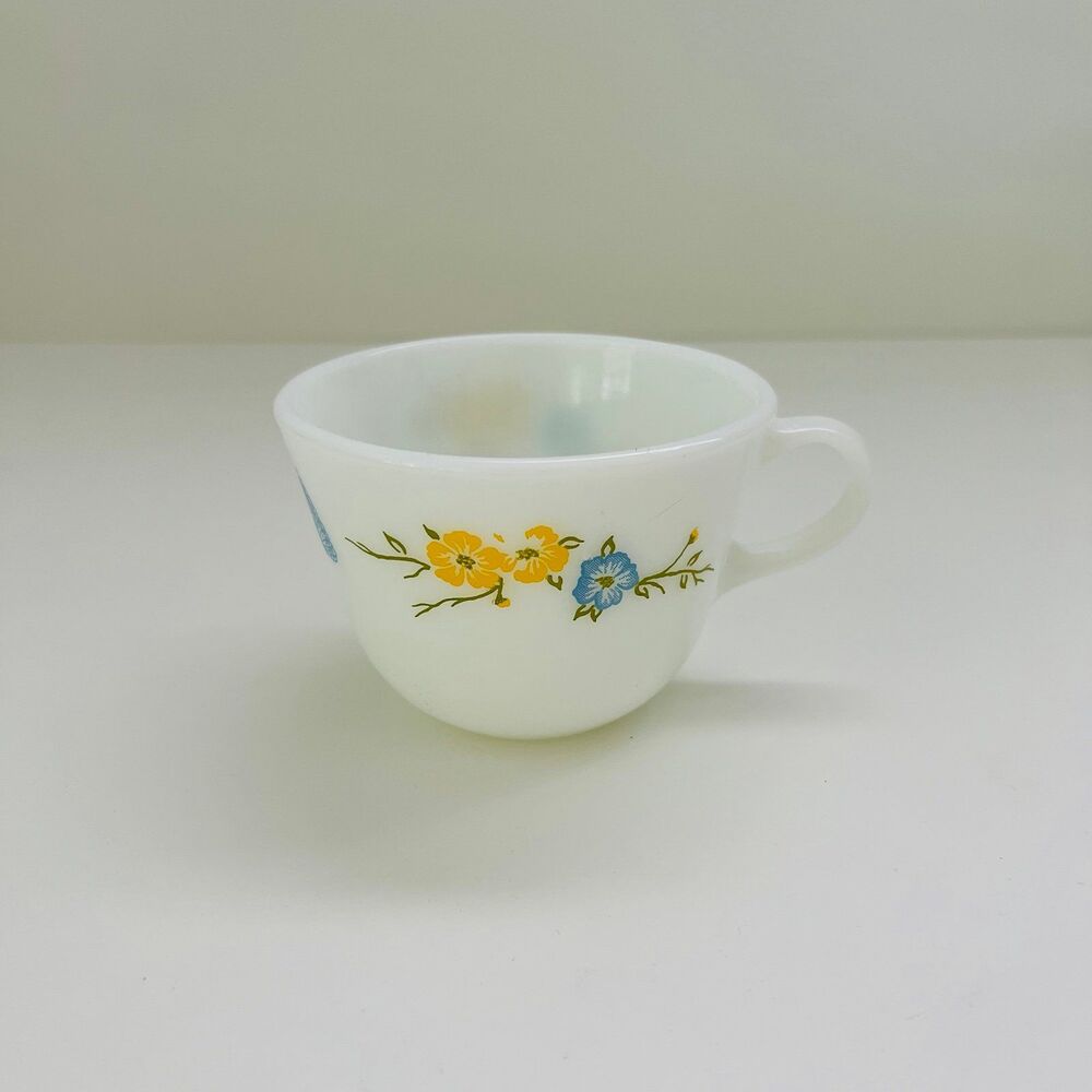 PYREX Filtration White Milk Glass Yellow Blue Floral Flowers Butterflies Tea Cup